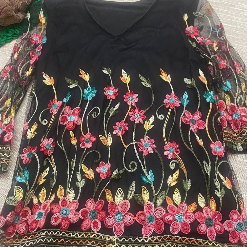 Vintage Emery Rose Top  Floral Embroidered Multi-color Blouse 3/4 Sleeves Small - Picture 12 of 14